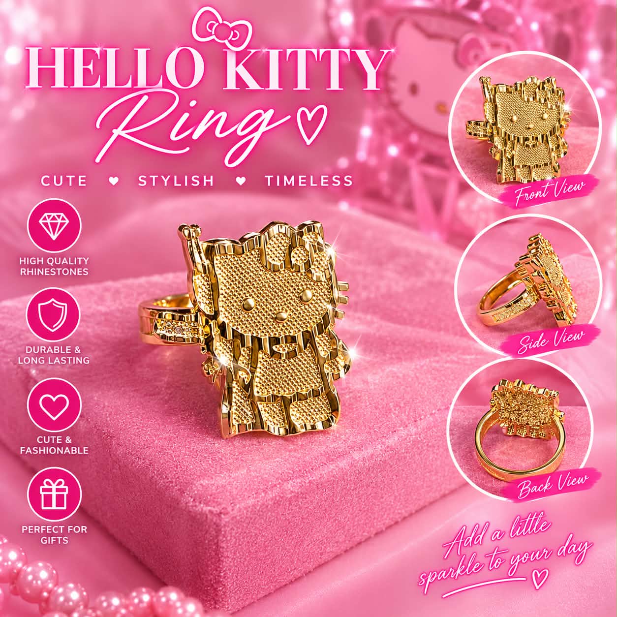 Gold character-inspired statement ring displayed on pink velvet