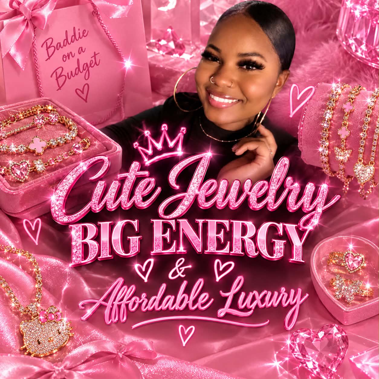 Jewelry creator surrounded by pink jewelry displays