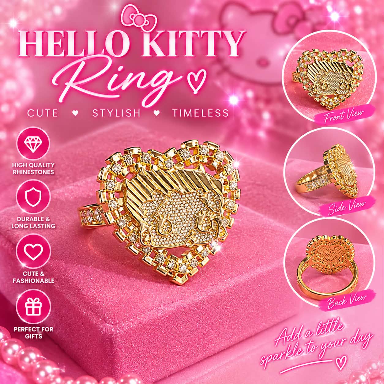 Gold heart-shaped character-inspired ring with crystal border